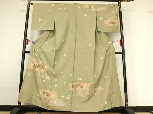 平和屋着物▽訪問着 単衣 紬地 絞り 横段花文 金彩 正絹 逸品 AABF9240jh