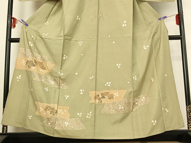 平和屋着物▽訪問着 単衣 紬地 絞り 横段花文 金彩 正絹 逸品 AABF9240jh