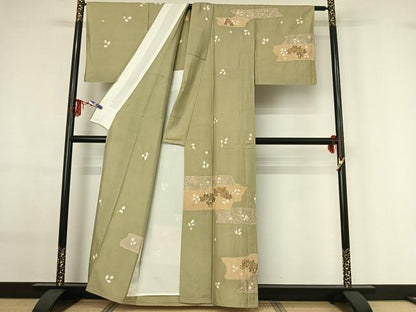 平和屋着物▽訪問着 単衣 紬地 絞り 横段花文 金彩 正絹 逸品 AABF9240jh