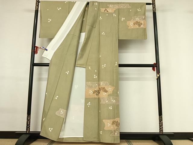 平和屋着物▽訪問着 単衣 紬地 絞り 横段花文 金彩 正絹 逸品 AABF9240jh