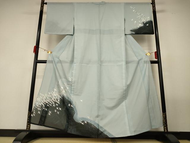 平和屋着物＊夏物 訪問着 絽 流水舞鶴文 銀彩 洗える着物 AABF9472jd