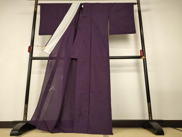 平和屋着物＊夏物 色無地 縦絽 笹竹紋紗 似せ紫色 洗える着物 AABF9490jd