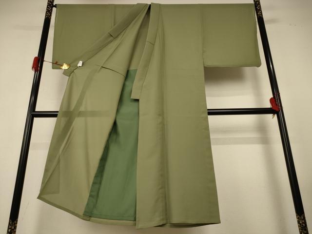 平和屋着物＊夏物　森英恵・HANAE MORI　男性　色無地　紗　海松色　キングサイズ　洗える着物　AABF9502jd