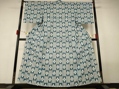 平和屋着物＊夏物 小紋 紗 市松花文 洗える着物 AABF9511jd