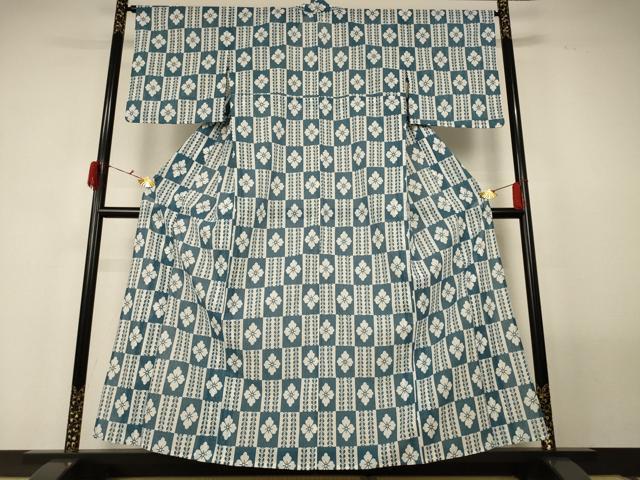 平和屋着物＊夏物 小紋 紗 市松花文 洗える着物 AABF9511jd