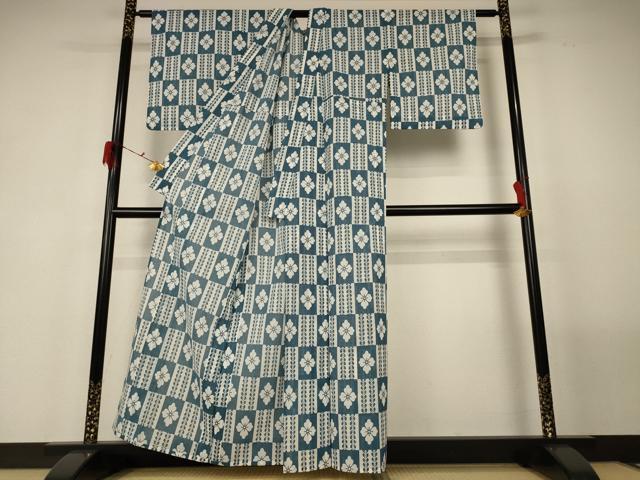 平和屋着物＊夏物 小紋 紗 市松花文 洗える着物 AABF9511jd