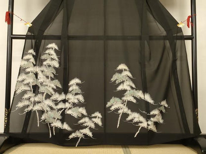 平和屋着物＊夏物 訪問着 絽 刺繍 松 黒地 金糸 正絹 逸品 AABF9519jd