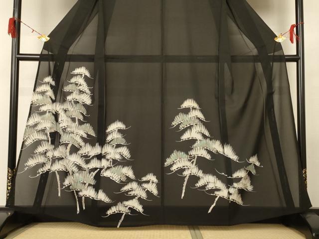 平和屋着物＊夏物 訪問着 絽 刺繍 松 黒地 金糸 正絹 逸品 AABF9519jd