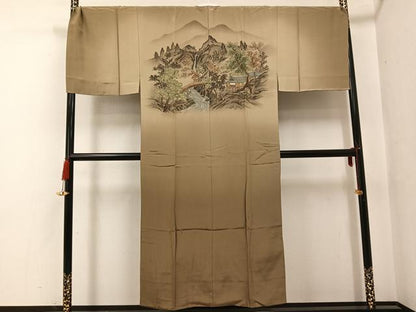 平和屋着物●男性　長襦袢　袷　渡り橋風景樹林文　金彩　正絹　逸品　AABF9522ph
