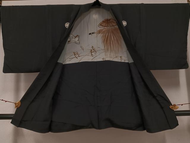 平和屋着物●男性 黒紋付・羽織セット 正絹 逸品 AABF9551ph