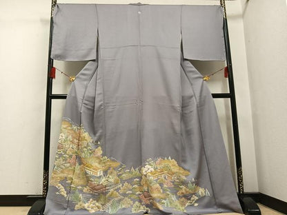平和屋着物●豪華色留袖　友禅　駒刺繍　風景樹林文　金彩　正絹　逸品　AABF9554ph