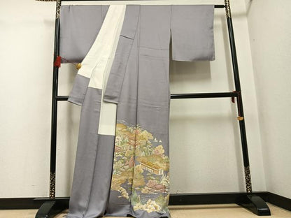 平和屋着物●豪華色留袖　友禅　駒刺繍　風景樹林文　金彩　正絹　逸品　AABF9554ph