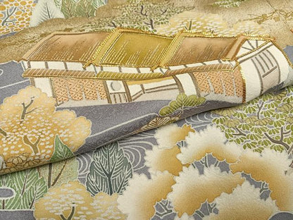 平和屋着物●豪華色留袖　友禅　駒刺繍　風景樹林文　金彩　正絹　逸品　AABF9554ph
