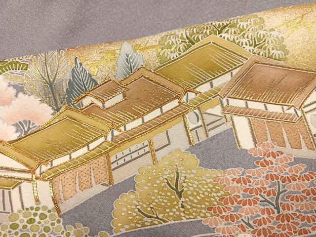 平和屋着物●豪華色留袖　友禅　駒刺繍　風景樹林文　金彩　正絹　逸品　AABF9554ph