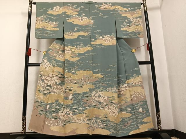 平和屋着物●訪問着　友禅　浜松風景草花文　金彩　正絹　逸品　AABF9562ph