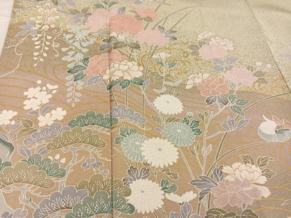 平和屋着物●訪問着　友禅　草花文　暈し染め　金彩　正絹　逸品　AABF9566ph