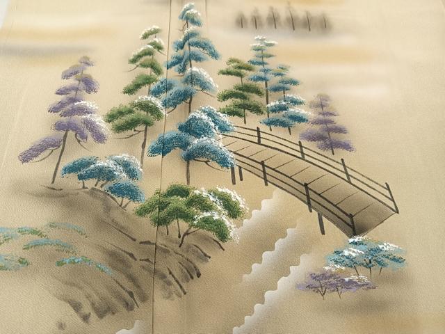 平和屋着物●訪問着 手描き 渡橋樹林文 正絹 逸品 未使用 AABF9567ph