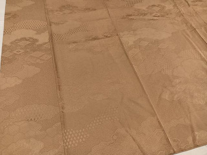 平和屋着物●上質な色無地　雲重ね吉祥花地紋　丁子染色　正絹　逸品　AABF9579ph
