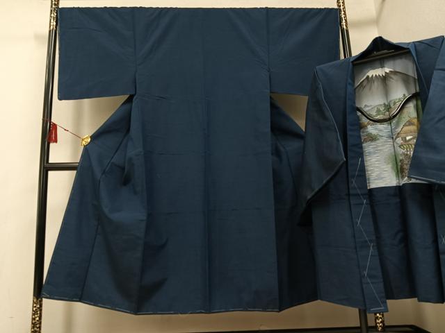 平和屋着物●男性　紬　アンサンブル　色無地　鉄御納戸色　正絹　逸品　未使用　AABF9590ph
