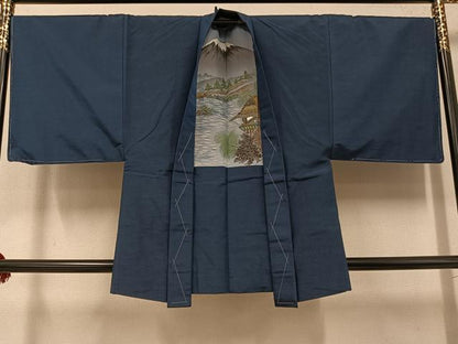 平和屋着物●男性　紬　アンサンブル　色無地　鉄御納戸色　正絹　逸品　未使用　AABF9590ph