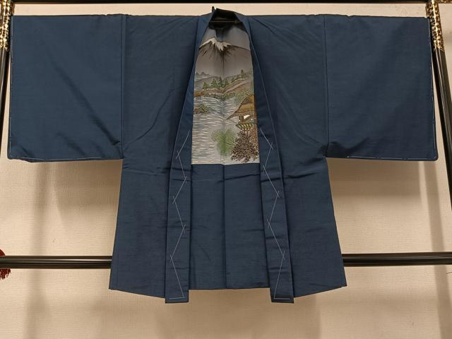 平和屋着物●男性　紬　アンサンブル　色無地　鉄御納戸色　正絹　逸品　未使用　AABF9590ph