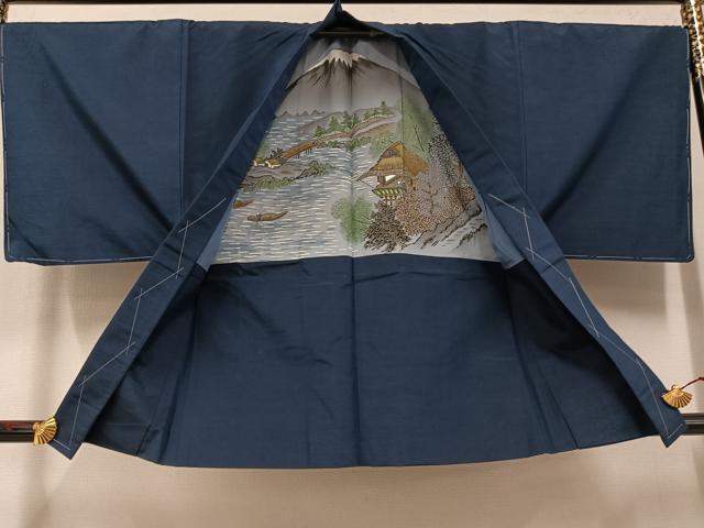 平和屋着物●男性　紬　アンサンブル　色無地　鉄御納戸色　正絹　逸品　未使用　AABF9590ph
