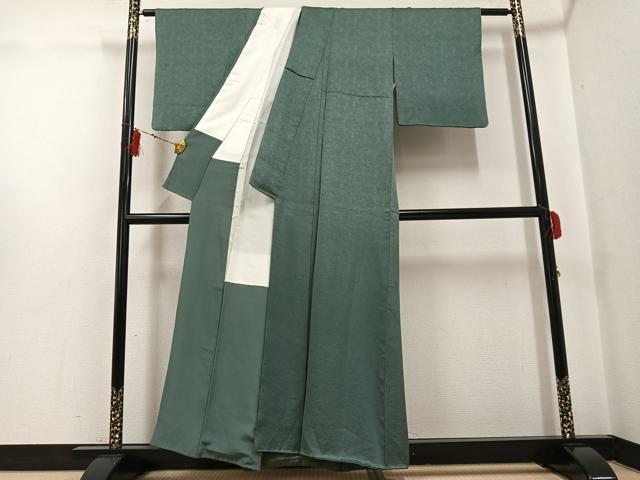 平和屋着物●上質な色無地　舞葉地紋　老竹色　正絹　逸品　AABF9595ph