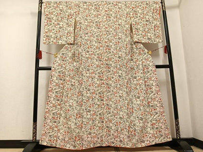 平和屋着物●上質な小紋　型染め　地紙花蝶文　鬼しぼ縮緬　正絹　逸品　AABF9599ph