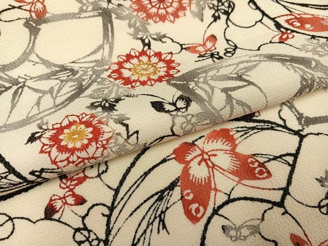 平和屋着物●上質な小紋　型染め　地紙花蝶文　鬼しぼ縮緬　正絹　逸品　AABF9599ph