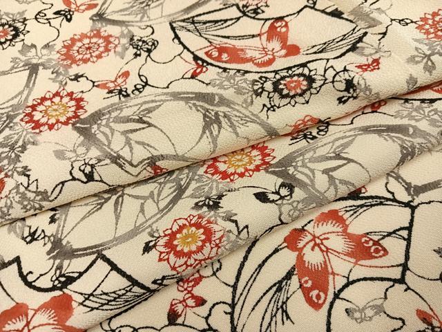 平和屋着物●上質な小紋　型染め　地紙花蝶文　鬼しぼ縮緬　正絹　逸品　AABF9599ph