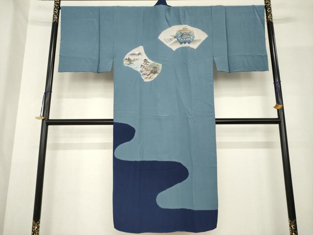 平和屋着物●男性　長襦袢　袷　手描き　絞り　風景文　正絹　逸品　AABF9602ck