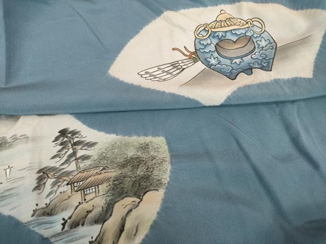 平和屋着物●男性　長襦袢　袷　手描き　絞り　風景文　正絹　逸品　AABF9602ck