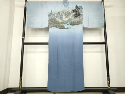 平和屋着物●男性　長襦袢　袷　手描き　風景文　正絹　逸品　AABF9607ck