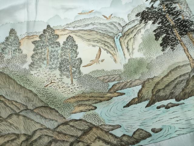 平和屋着物●男性　長襦袢　袷　手描き　風景文　正絹　逸品　AABF9607ck