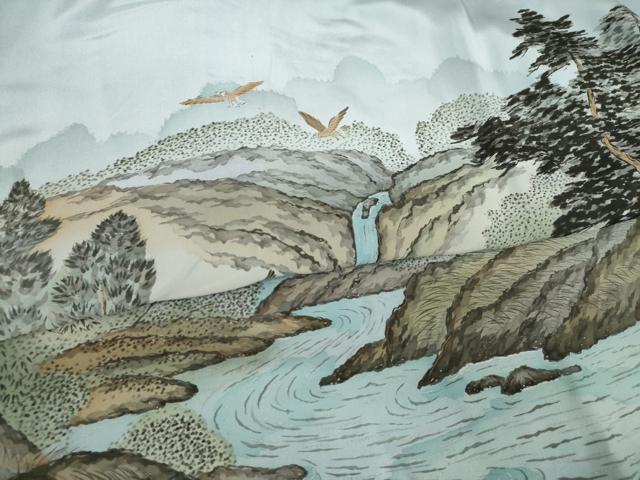 平和屋着物●男性　長襦袢　袷　手描き　風景文　正絹　逸品　AABF9607ck