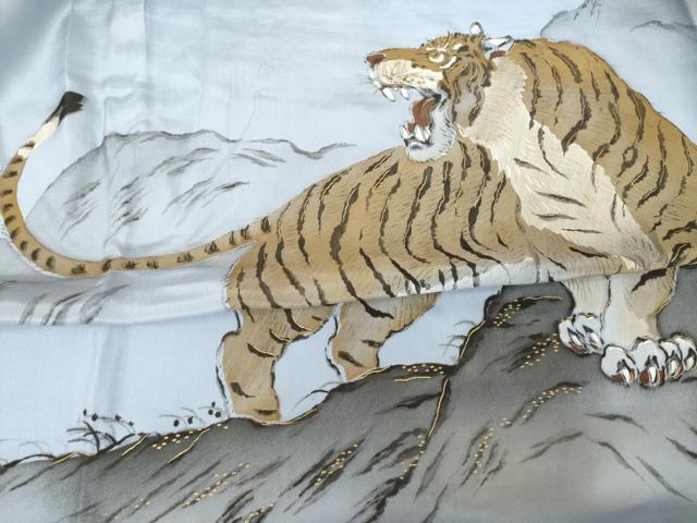平和屋着物●男性　長襦袢　無双仕立て　手描き　虎　金彩　正絹　逸品　AABF9609ck