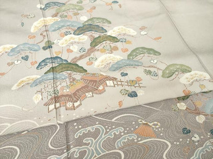 平和屋着物●訪問着　友禅　立波飛鶴風景文　暈し染め　正絹　逸品　AABF9614ck