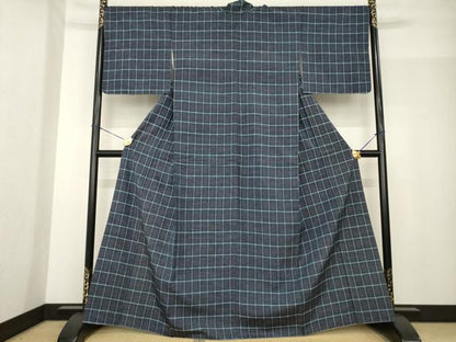 平和屋着物●花織　紬　格子　正絹　逸品　AABF9630ck