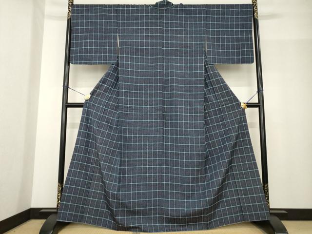 平和屋着物●花織　紬　格子　正絹　逸品　AABF9630ck