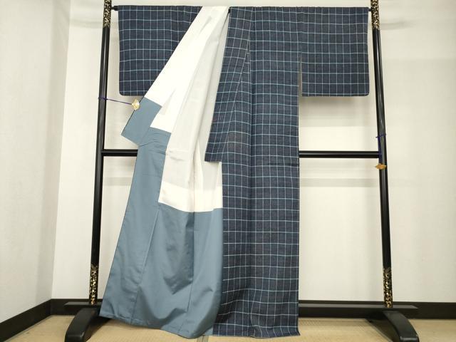 平和屋着物●花織　紬　格子　正絹　逸品　AABF9630ck