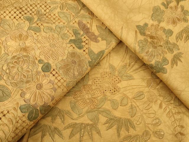 平和屋着物●本場大島紬 染大島 訪問着 総刺繍 中国三大刺繍 スワトウ刺繍 汕頭刺繍 相良刺繍 草花文 正絹 逸品 AABF9645ck