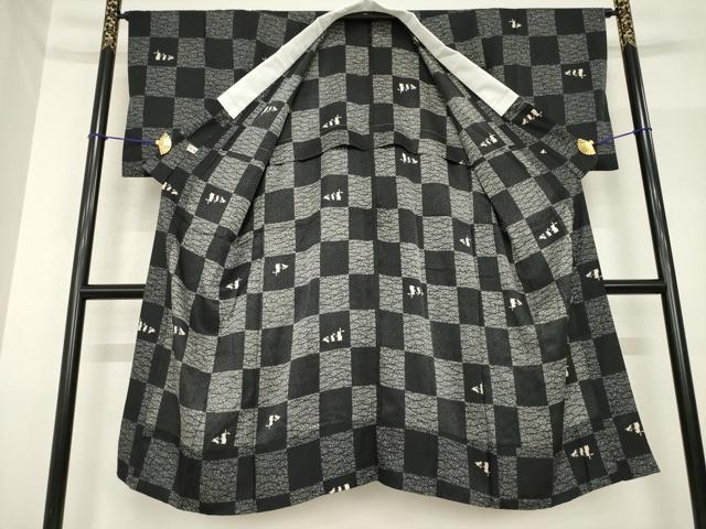 平和屋着物●長襦袢 無双仕立て 市松兎文 芝 黒地 正絹 逸品 AABF9646ck