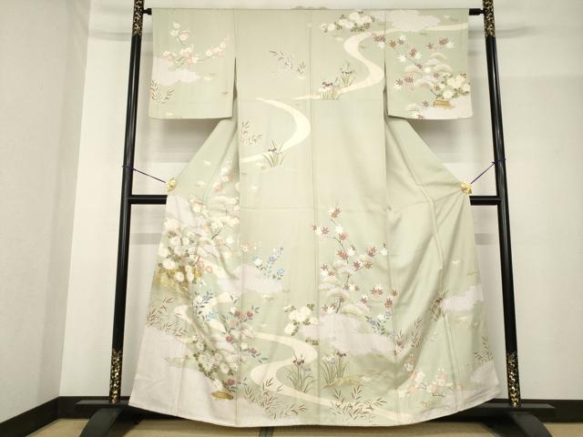 平和屋着物●訪問着 友禅 駒刺繍 松竹梅吉祥風景文 正絹 逸品 AABF9648ck