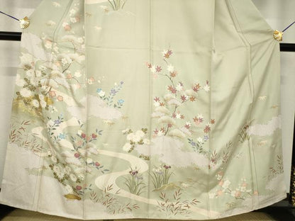 平和屋着物●訪問着 友禅 駒刺繍 松竹梅吉祥風景文 正絹 逸品 AABF9648ck