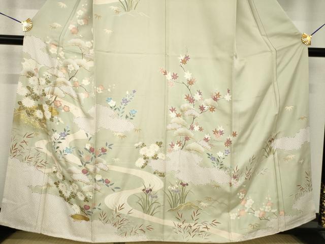 平和屋着物●訪問着 友禅 駒刺繍 松竹梅吉祥風景文 正絹 逸品 AABF9648ck