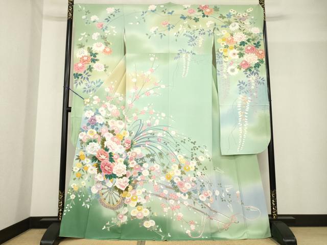 平和屋着物●豪華振袖 友禅 作家物 花車文 暈し染め 正絹 逸品 AABF9660ck