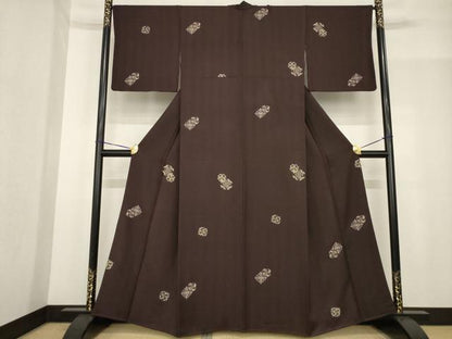 平和屋着物●印傳　小紋　飾花文　烏羽色地　正絹　逸品　AABF9661ck