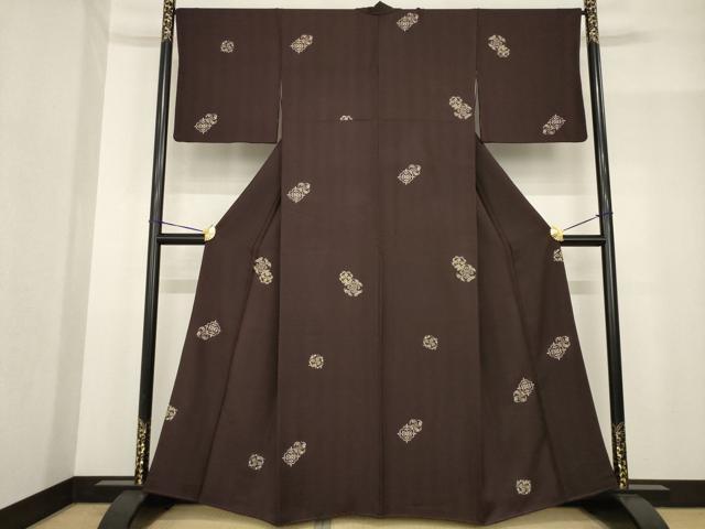 平和屋着物●印傳　小紋　飾花文　烏羽色地　正絹　逸品　AABF9661ck