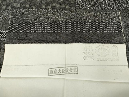平和屋着物●伝統工芸士 染谷梅治　大田茂夫　江戸小紋　訪問着　百柄　更紗花文　黒地　丹後ちりめん　反端付き　正絹　逸品　AABF9662ck