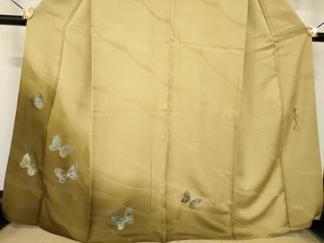 平和屋着物●染色作家 斉藤三才 訪問着 舞蝶文 寿光織 金彩 銀糸 正絹 逸品 AABF9666ck